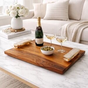 ANNA New York RabLabs Acacia Wood Serving Tray Quartz Crystal Handles 24K Gold